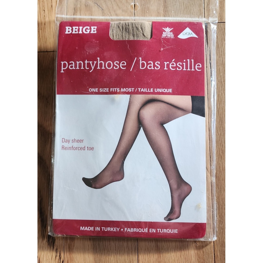 Lycra Pantyhose One Size 100-150 lbs Day Sheer Beige Reinforced Toe By Juncture - Picture 2 of 2